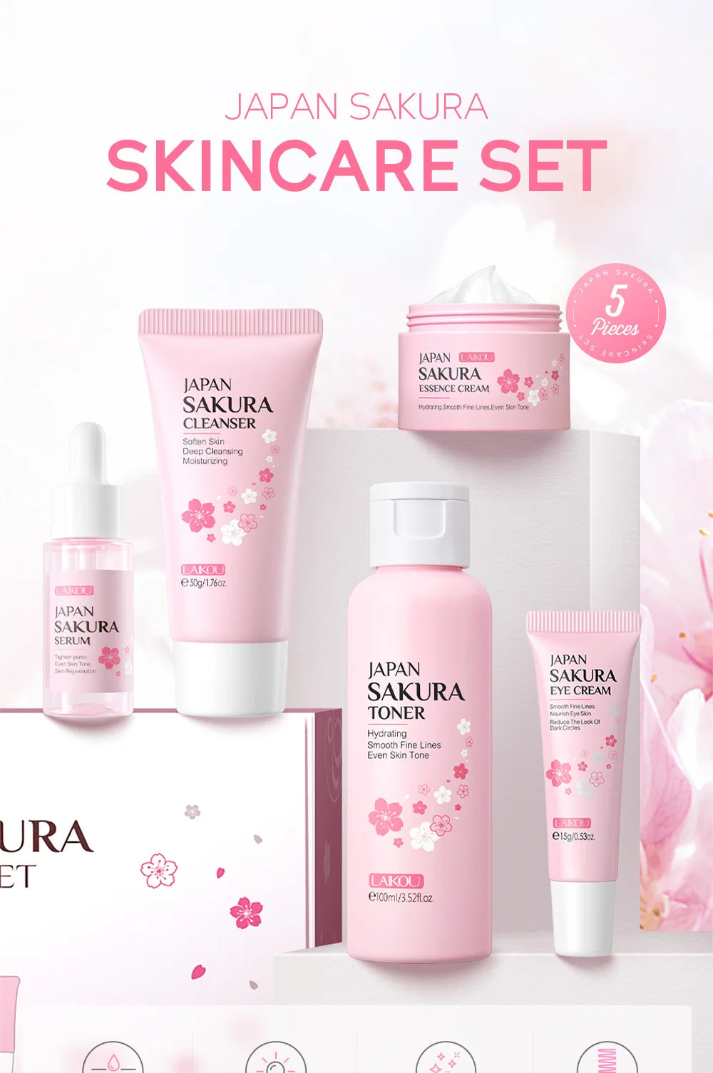 Face Skin Care Set Cleanser Sakura Essence Cream Moisturizing Toner Eye Cream Face Serum Improve Roughness & Dryness Skin Care