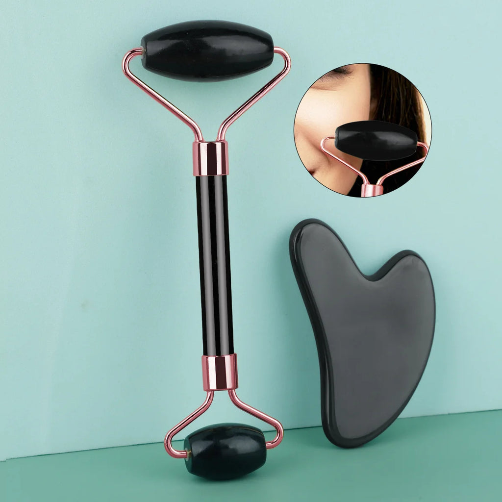 2pcs Double-end Gua Sha Massage Roller Neck Face Board Facial Skin Lifting Scraper Anti-Wrinkle Beeswax Stone Scraping Massager